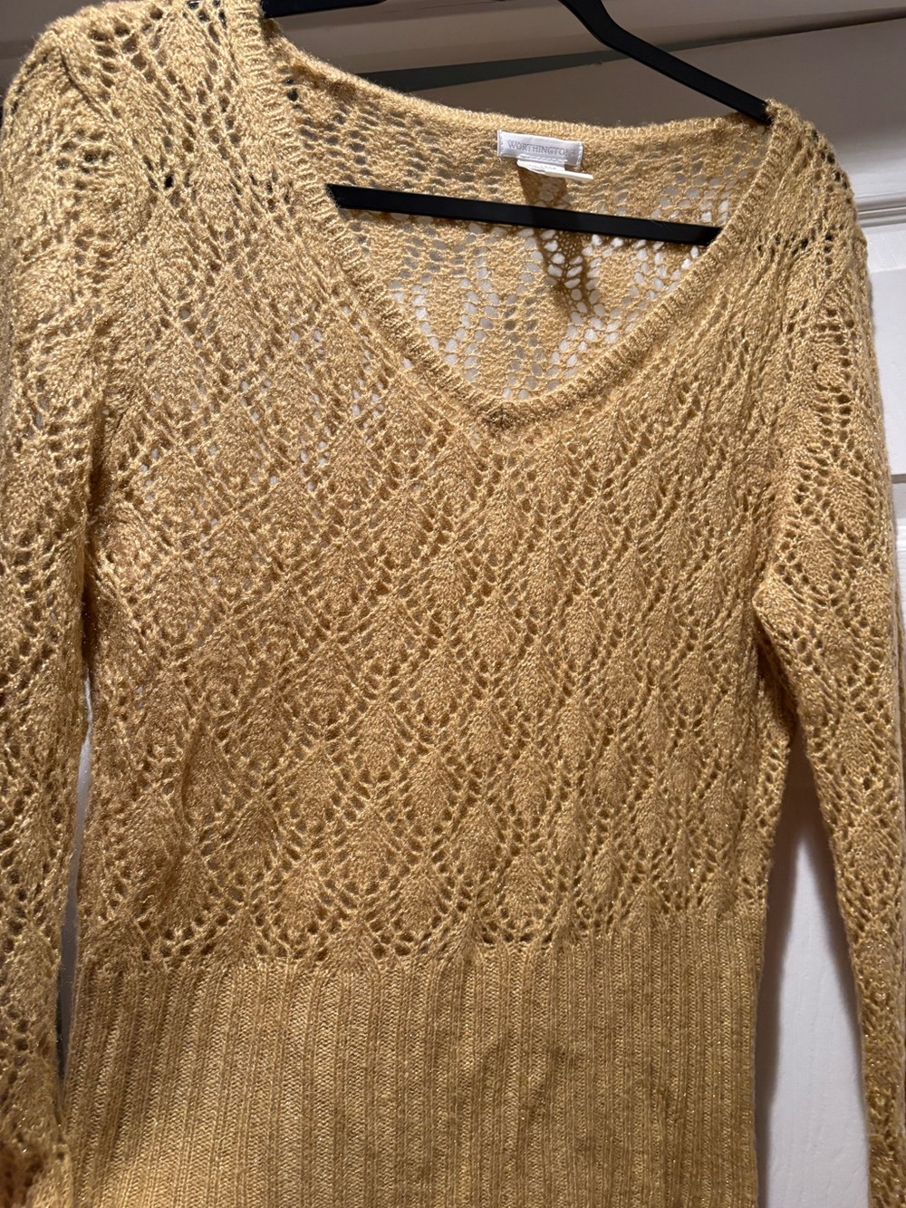 Worthington Open-Weave V-Neck Sweater in Sparkly Gold